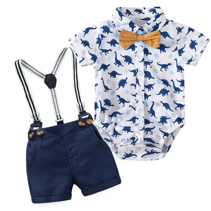 Summer Toddler Boys Dinosaur Printed Clothes Suit with Handsome Hat Bow for Baby Kids Fashion Short-Sleeved Newborn Romper Set